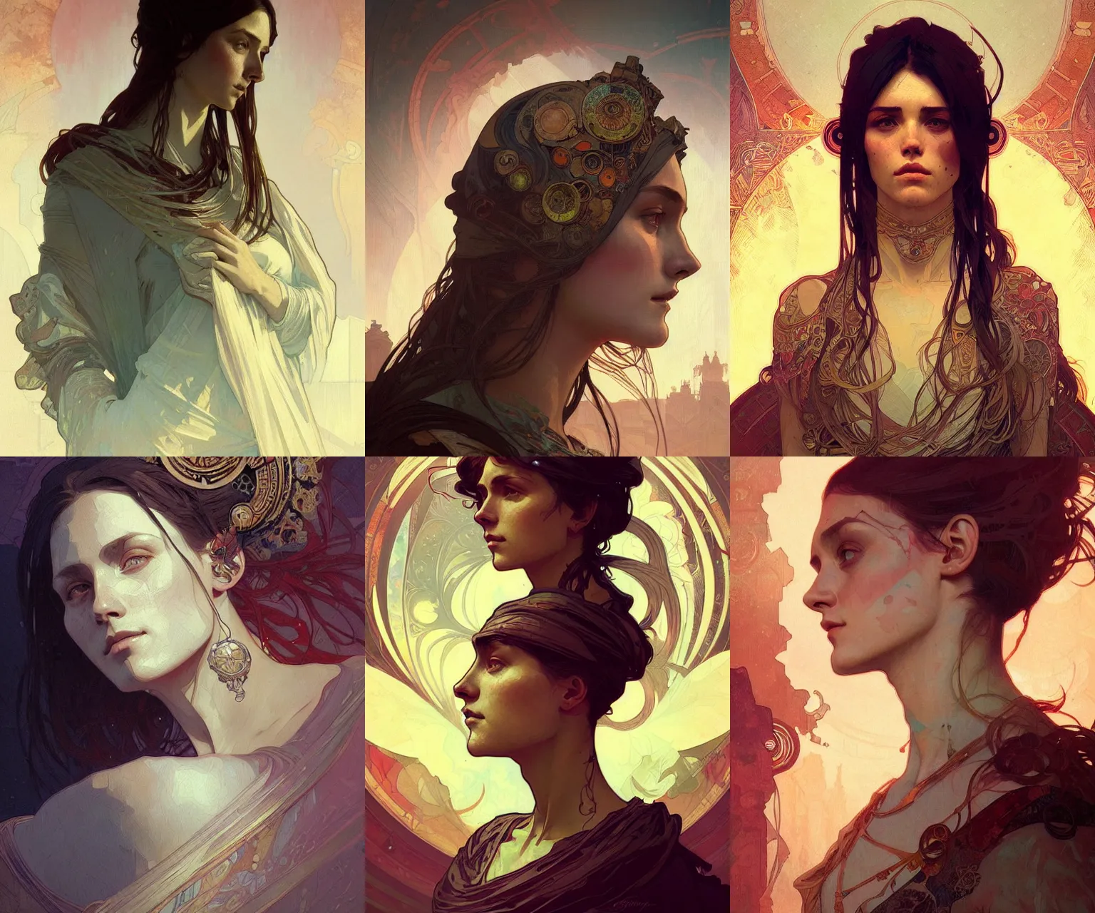 Prompt: portrait by greg rutkowski and alphonse mucha, style of android jones and alena aenami, ancient rome, ornate, detailed, digital painting, artstation, smooth lighting, sharp focus, astral background