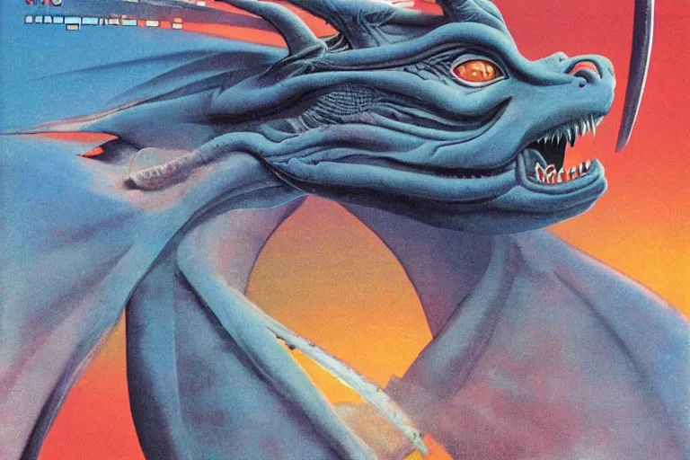 Prompt: 1979 OMNI Magazine Cover of a dragon smiling at the camera in neo-tokyo style by Vincent Di Fate