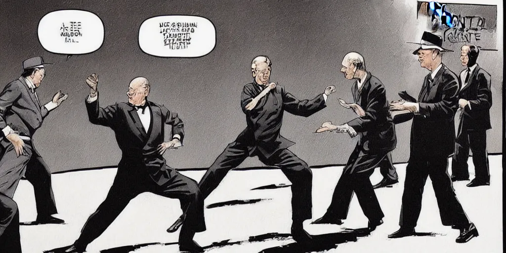 Image similar to Winston Churchill teaching Eisenhower karate. Epic painting by James Gurney and Laurie Greasley.