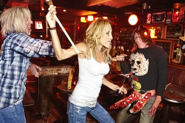 Prompt: sheryl crow fighting a scarecrow in a dive bar