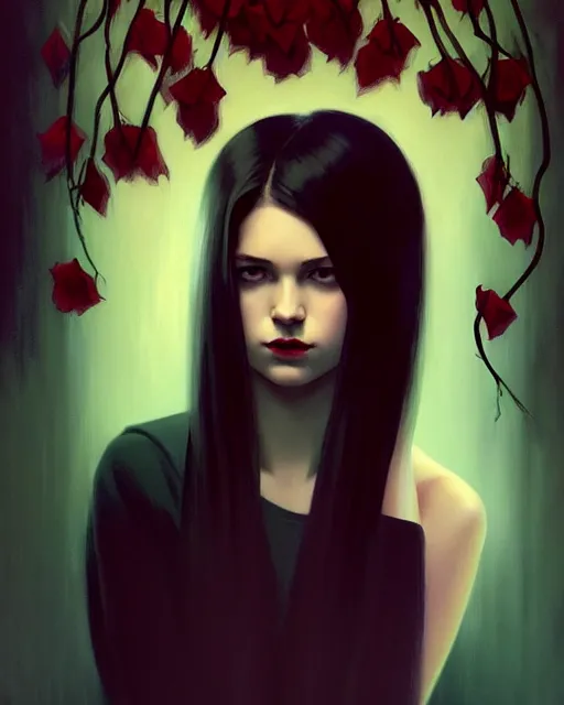 Image similar to stylized portrait of an artistic pose, composition, dark mysterious young lady, cinematic moody colors, ivy, flowers, one single head, realistic shaded, fine details, realistic shaded lighting poster by ilya kuvshinov, magali villeneuve, artgerm, jeremy lipkin and michael garmash and rob rey