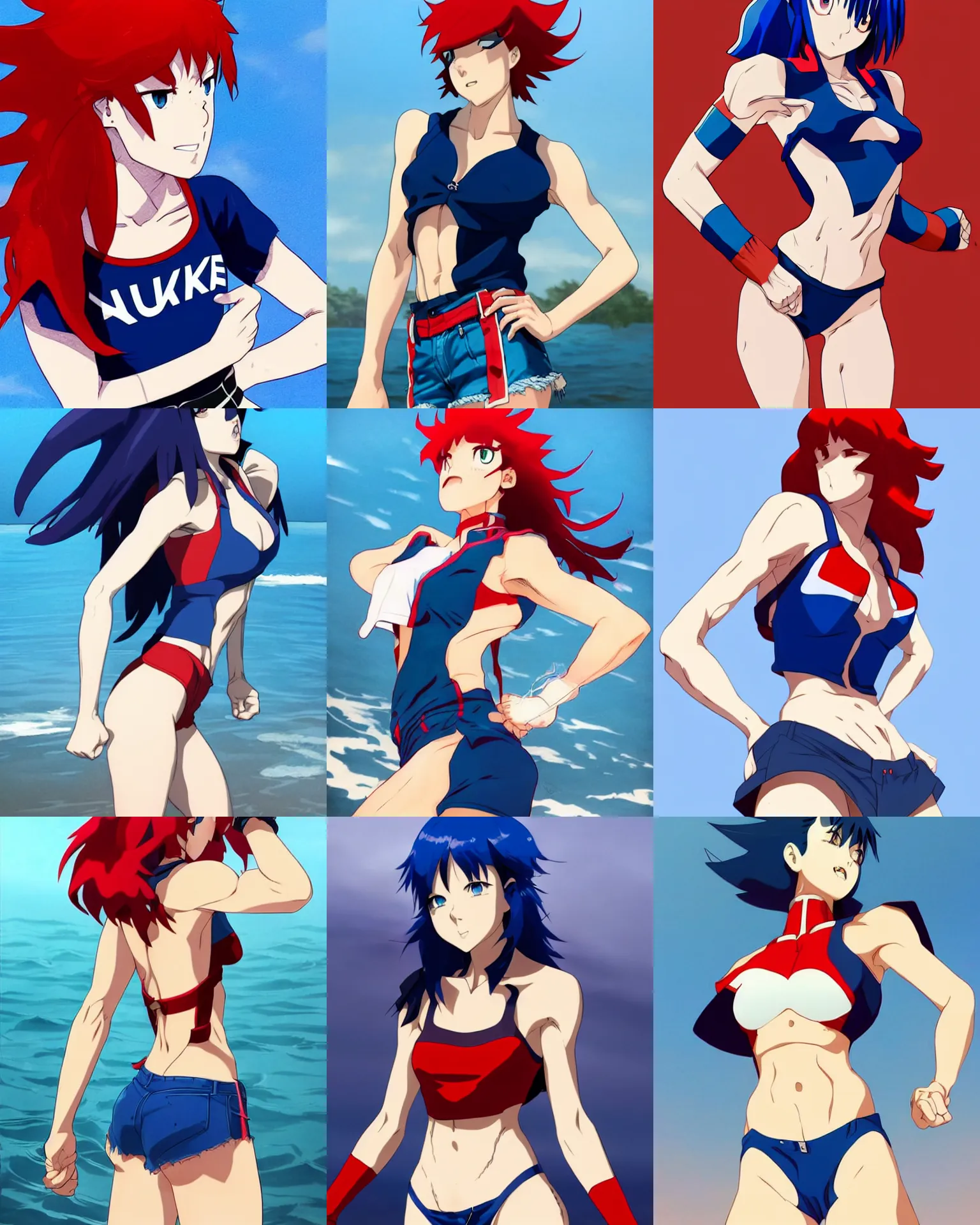 Prompt: a gorgeous hulking Matoi Ryuko with very short shoulders-length blue-red hair, wearing a cut-off dark blue top and dark blue cut-off shorts standing by the water, in the style of artgerm and moebius and annie liebovitz, marvel comics, hyper photorealistic body proportions, highly detailed, trending on artstation