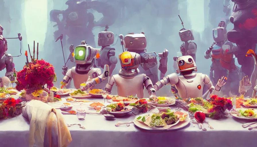 Image similar to a table dinner of robots where robots are dressed like the characters from the midsommar movie wearing flowers, realistic detailed digital art by maxwell boas jessica rossier christian dimitrov anton fadeev trending on artstation cgsociety rendered in unreal engine 4 k hq