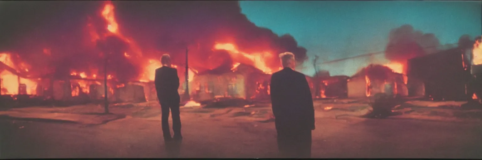 Image similar to 8 0 s polaroid photo, cinema still from david lynch movie, sleazy man watching night streets while a house burns in the background, colorful haze, americana, high production value, 8 k resolution, hyperrealistic, hdr, photorealistic, high definition, high details, tehnicolor, award - winning photography, masterpiece, amazing colors