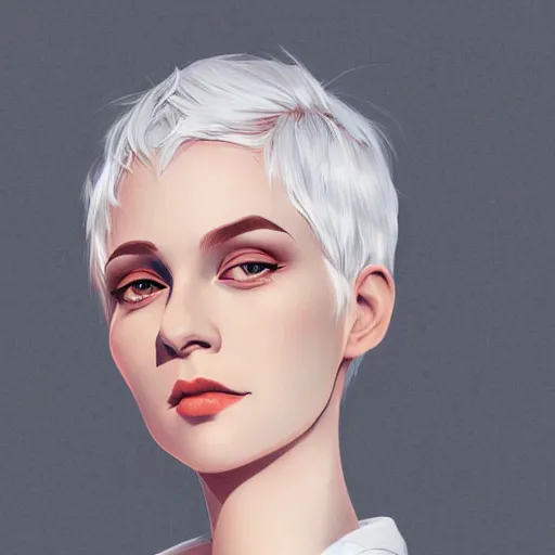 Prompt: portrait of a woman with short white hair, medium shot, illustration, highly detailed, high quality, by ilya kuvshinov