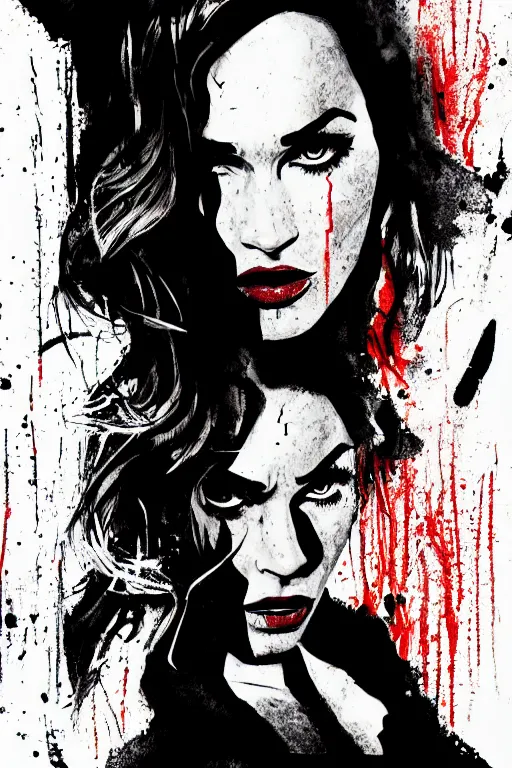 Image similar to dream of a film still from sin city, closeup portrait of film noir megan fox private detective, detailed illustration, digital art, trending on artstation, frank miller, martin ansin, movie poster, paint splatter, black on red, graffiti, gta v,