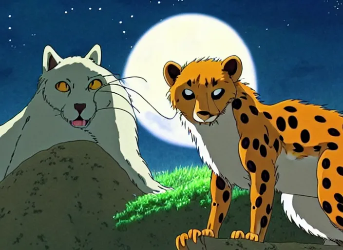 Image similar to a still from a studio ghibli movie of a cartoon cheetah from princess mononoke ( 1 9 9 7 ), in front of a pale full moon, full body, wide shot, very dull muted colors, studio ghibli, highly detailed, deviantart, art by artgem