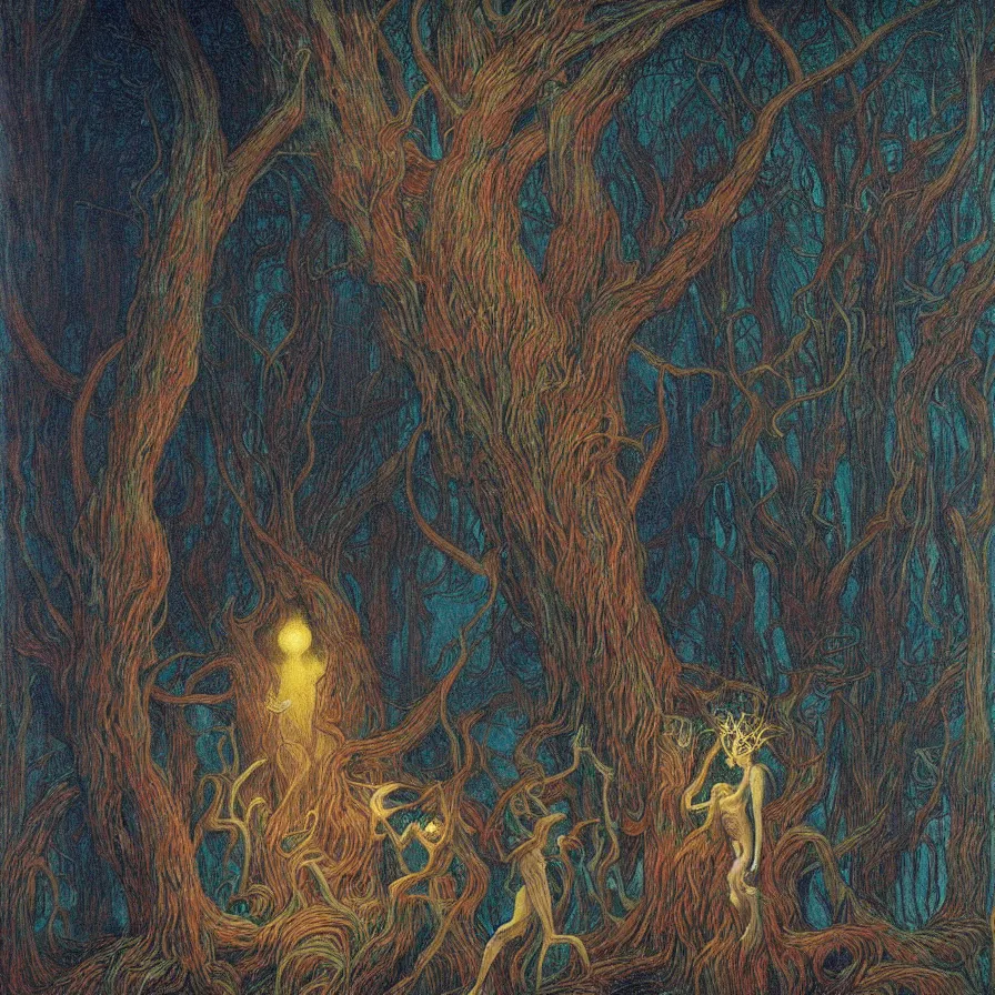 Prompt: a night carnival around a magical tree cavity, with a surreal orange moonlight and fireworks in the background, next to a big lake with iridiscent water, christmas lights, folklore animals and people disguised as fantastic creatures in a magical forest by summer night, masterpiece painted by jean delville, gustave dore and marco mazzoni, art nouveau, dark night environment