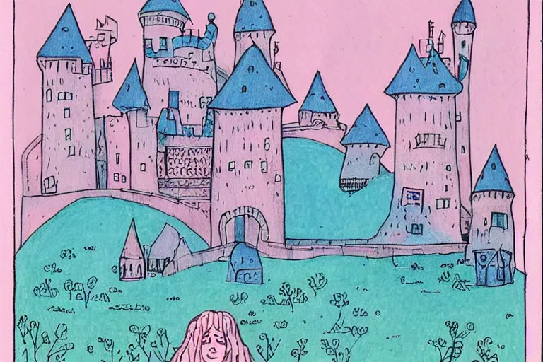 Image similar to a drawing of a pink and blue castle, a storybook illustration by tove jansson, tumblr, psychedelic art, concept art, storybook illustration, whimsical