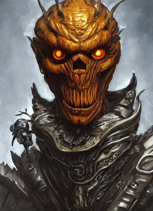 Image similar to powerful male pumpkin, willem dafoe as pumpkinhead, oz, full body character concept, covered in full metal armor, art nouveau, super powers, fantasy, intricate, elegant, highly detailed, digital painting, artstation, concept art, shining, sharp focus, illustration, art by stanley lau