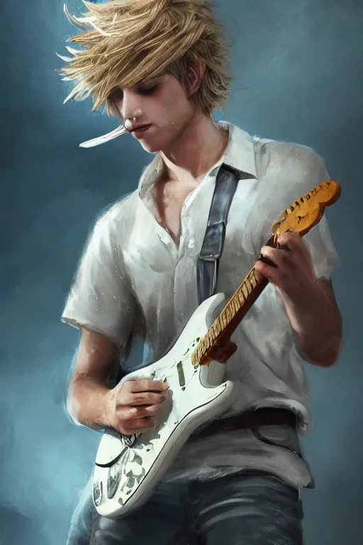 Image similar to blonde wild hair boy playing fender stratocaster, eye - patch, close - up portrait, plain white tshirt, powerfull, intricate, elegant, volumetric lighting, scenery, digital painting, highly detailed, artstation, sharp focus, illustration, concept art, steve mccurry