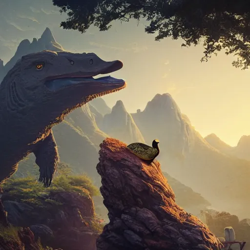 Prompt: a duck standing on a rock in the foreground, being eaten by a dinosaur looming behind it intricate artwork by Tooth Wu and wlop and beeple and Dan Mumford. Octane render, trending on artstation, greg rutkowski very coherent symmetrical artwork. Cinematic, hyper realism, high detail 8k