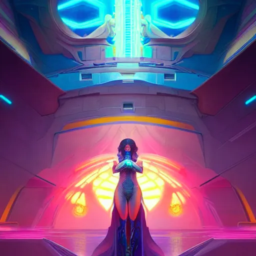 Image similar to a cybernetic temple, vaporwave aesthetic, colorful, psychedelic, digital painting, artstation, concept art, smooth, sharp focus, illustration, art by artgerm and greg rutkowski and alphonse mucha