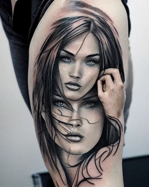 Prompt: tattoo design sketch with double exposure effect of megan fox with amazing mountain scenery, realism tattoo, in the style of den yakovlev, amazing detail, sharp