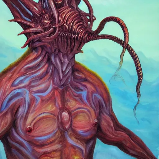 Prompt: oil painting of sea elf, parasite infested, constantly morphing, abysmal elder god, smug, snarky