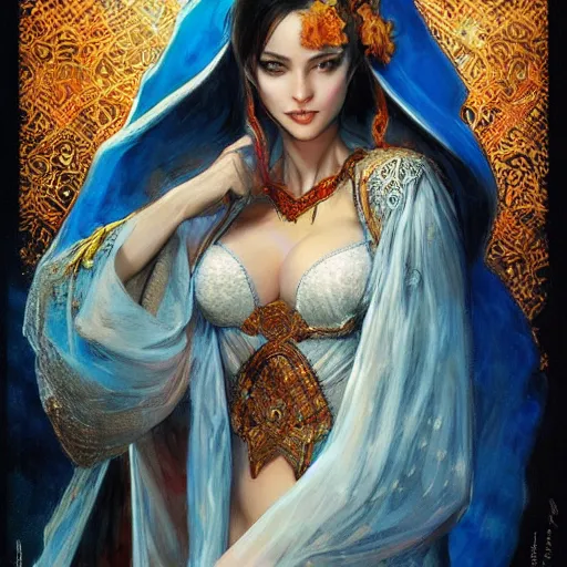 Prompt: a full body beautiful woman wearing a chedda from tlemcen by karol bak, ayami kojima, artgerm, sakimichan, arabian beauty, blue eyes, smile, concept art, fantasy