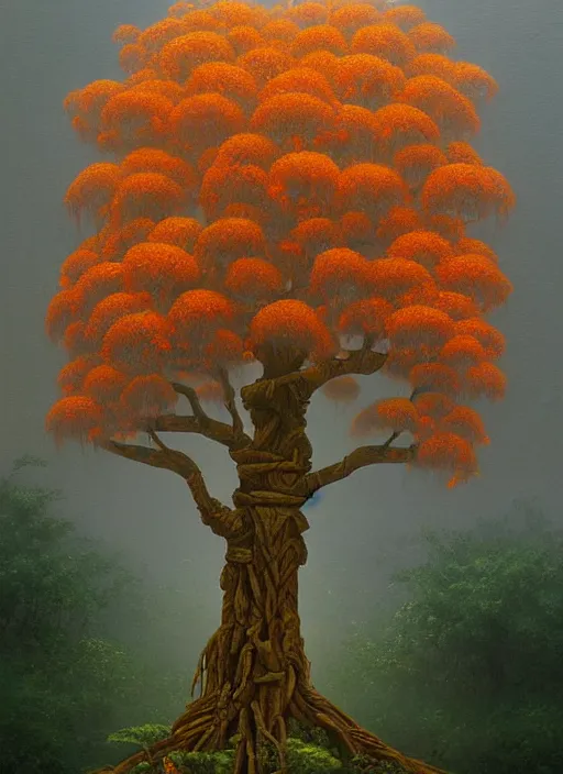 Image similar to ayahuma tree with orange fruits looking like an ent, art by christophe vacher