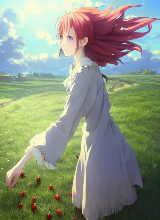 Prompt: Painting of a cottagecore witch with strawberry hair in the style of Violet Evergarden, beautiful anime art style, winged eyelashes, countryside, calm, fantasy character portrait, dark outlines, dynamic pose, above view, sunny day, artwork by Makoto Shinkai, very coherent asymmetrical artwork, sharp edges, perfect face, simple form, 100mm