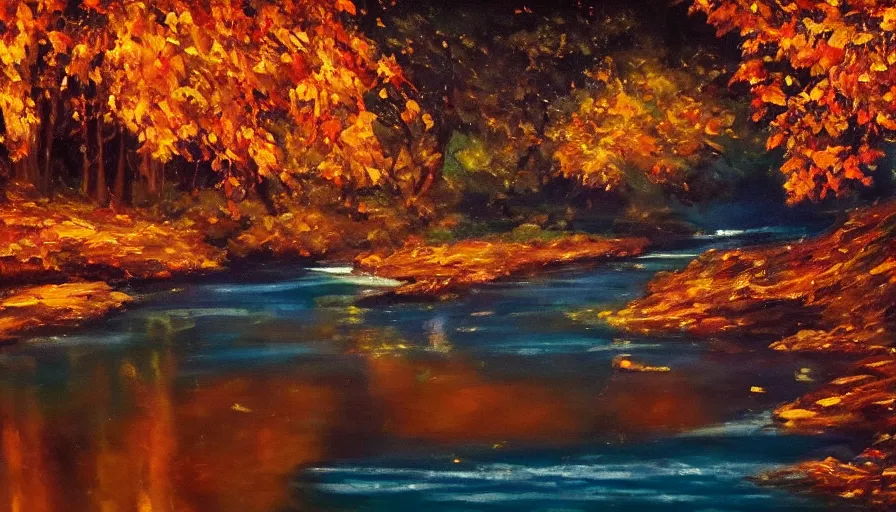 Prompt: an oil painting of a beautiful woman melting into a peaceful river at night, slightly dark, it's autumn and a gentle breeze is moving leaves around, cinematic lighting, establishing shot, art station
