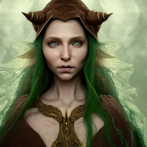 Prompt: hyperrealistic mixed media portrait of an female elf with messy brown hair and a green cloak, stunning 3d render inspired art by Lars Grant-West + perfect facial symmetry + dim volumetric lighting, ornate flowing robes, 8k octane beautifully detailed render, post-processing, extremely hyperdetailed, intricate, epic composition, grim yet sparkling atmosphere, cinematic lighting + masterpiece, trending on artstation, Art Nouveau