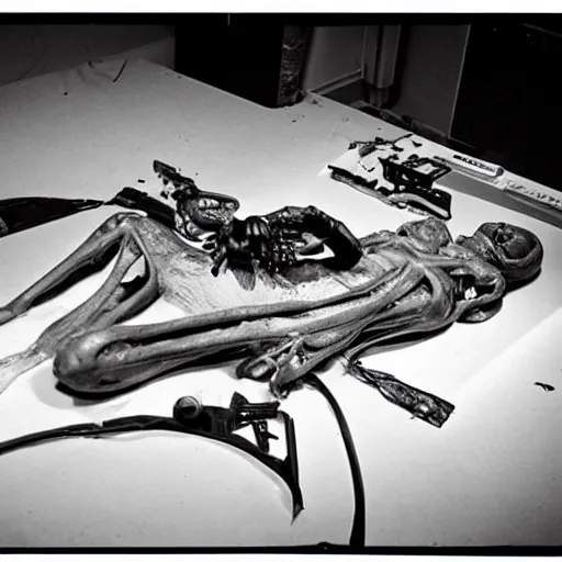 Image similar to photo of an alien autopsy, black and white, wide angle