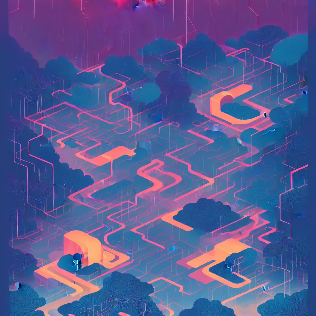 Prompt: illustration of a data-center architecture schema, connector, firewall, cloud, security, river, trees, thunderstorm, trending on Artstation, painting by Jules Julien, Leslie David and Lisa Frank and Peter Mohrbacher and Alena Aenami and Dave LaChapelle muted colors with minimalism