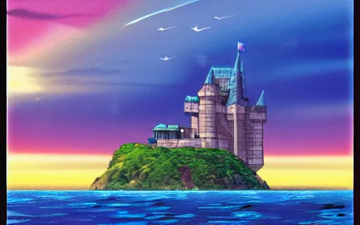 Prompt: an island with a giant castle on top of a giant turtle in the ocean, sunset, drawn by hayao miyazaki, studio ghibli film, hi res, high detail, 4k