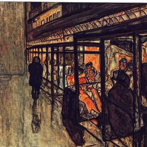 Image similar to a some people waiting in a lone bus stop in quiet dark city night, high quality, high resolution,detailed, by egon schiele 1960s