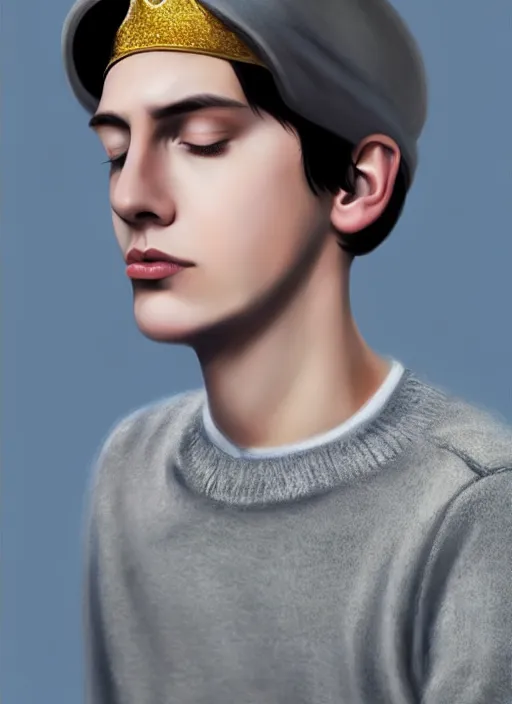 Image similar to portrait of teenage jughead jones wearing a light grey crown, photorealistic, crown, sweater with letter s on it, hamburger, eyes closed, crown, black hair, intricate, elegant, glowing lights, highly detailed, digital painting, artstation, concept art, smooth, sharp focus, illustration, art by wlop, mars ravelo and greg rutkowski