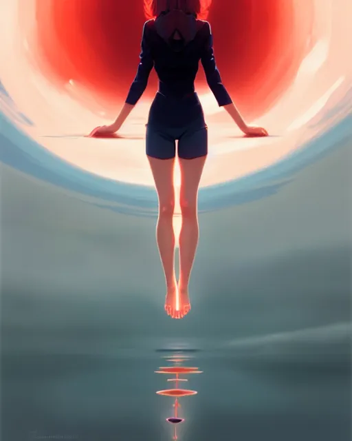 Prompt: beautiful girl floating in the middle of the sky, symmetrical face and body, symmetrical composition, dynamic wavey hair, detailed designs, digital painting, 4 k, by ilya kuvshinov, by greg rutkowski, atmospheric lighting