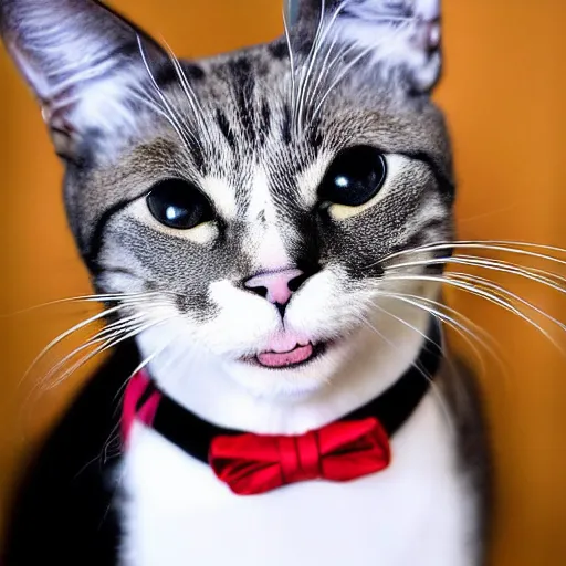 Image similar to photo of a cat with a snarky smile, he has a unicorn on his forehead and he is wearing a suit