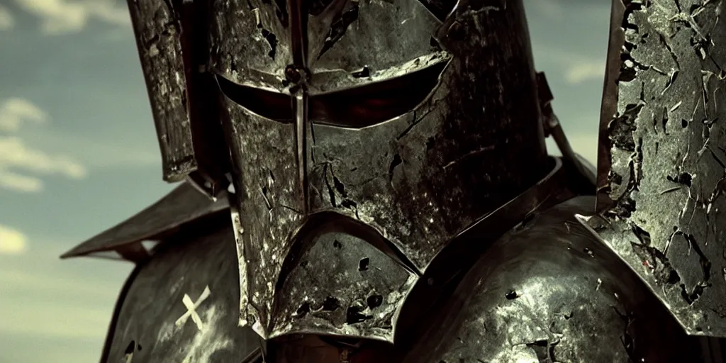 Image similar to film still of closeup the knight in shattered armor holds a bleeding heart by emmanuel lubezki