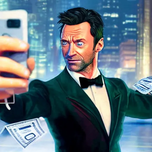 Image similar to action shot of hugh jackman in GTA V at the dance club taking selfies with friends and a pile of cash in the background, 8K, highly detailed, photo realistic