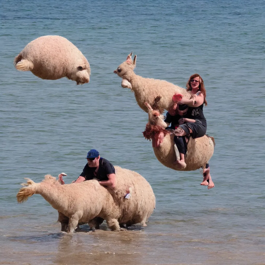 Image similar to a blobfish riding a llama on the beach