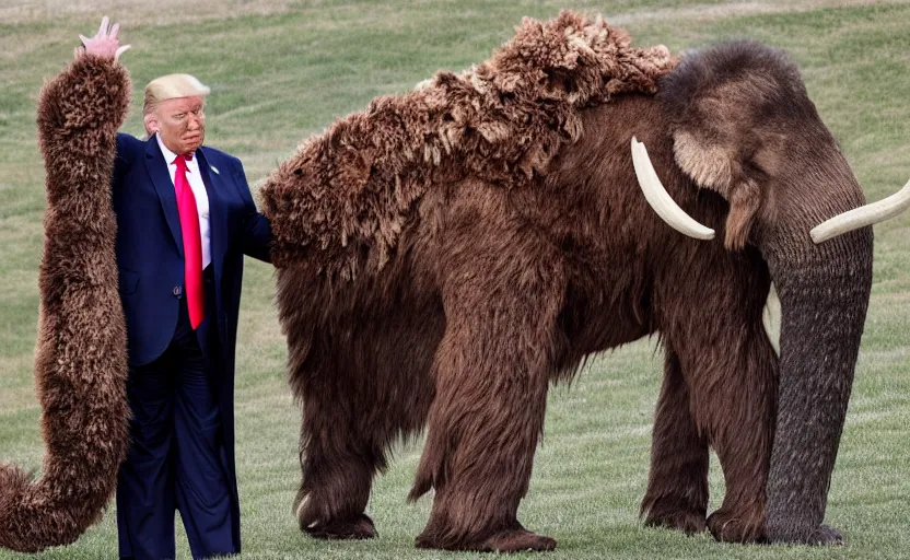 Image similar to Donald Trump in a baby mammoth costume , with an open face