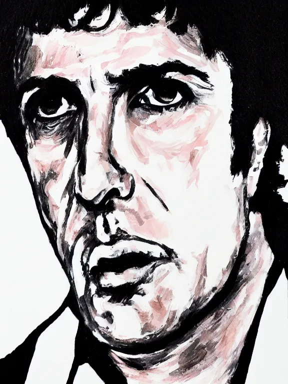 Prompt: headshot portrait. tony montana from movie scarface 1 9 8 3. al pacino, perfect face, fine details., 4 k, red and black ink paint