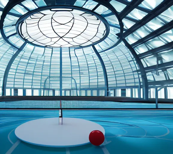 Prompt: A table tennis table inside a pool inside a futuristic lounge in a glass dome, designed by zaha hadid, octane render, ray tracing, 8k resolution, sharp