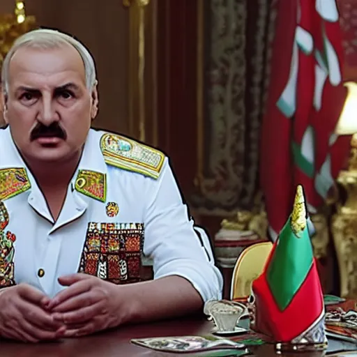 Prompt: Alexander Lukashenko in Scarface, cocaine on the table, belarusian flag in the background, cinematic still