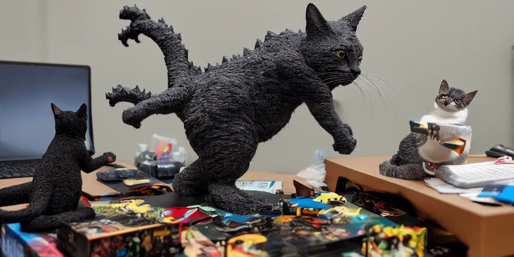 Prompt: photo of a cat playing wiht a toy of godzilla in an office workspace on a desk of a visual effects artist