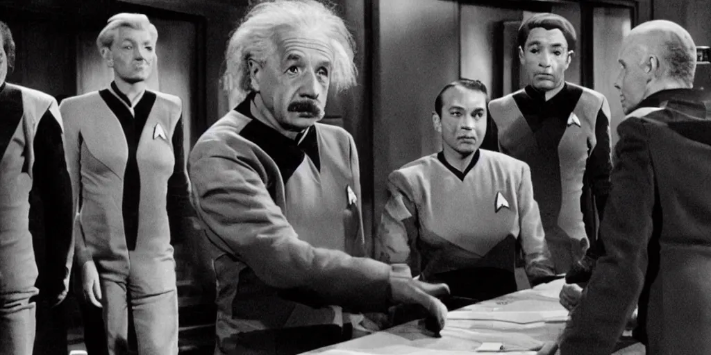 Prompt: Albert Einstein in a scene from Star Trek the original series