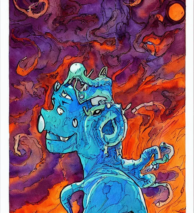 Image similar to a watercolor ink painting of scooby - doo as the primordial eldritch god of natural - disasters in the style of jean giraud in the style of moebius trending on artstation deviantart pinterest detailed realistic hd 8 k high resolution