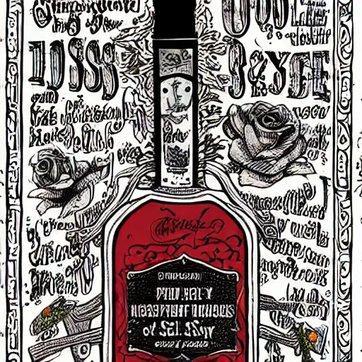 Prompt: exclusive edition illustration of a poem, roses and rosaries and razors and rye, smoke and sin and salts and syphon and slake, blessings of hell in a bottle,