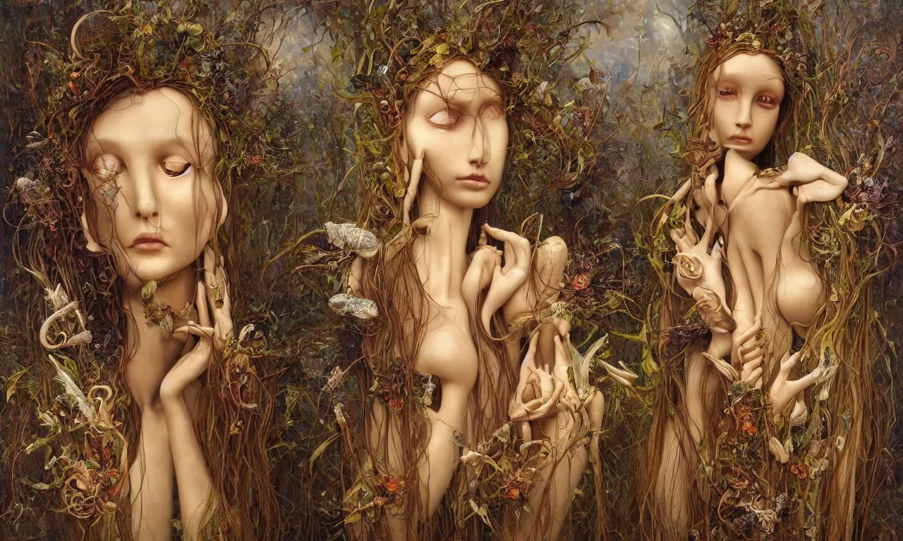 Image similar to a portrait of a beautiful female mannequin, a jointed wooden doll with long flowing hair, holding each other, big moths, big lilies, by James C. Christensen, by Tomasz Alen Kopera, by Karol Bak