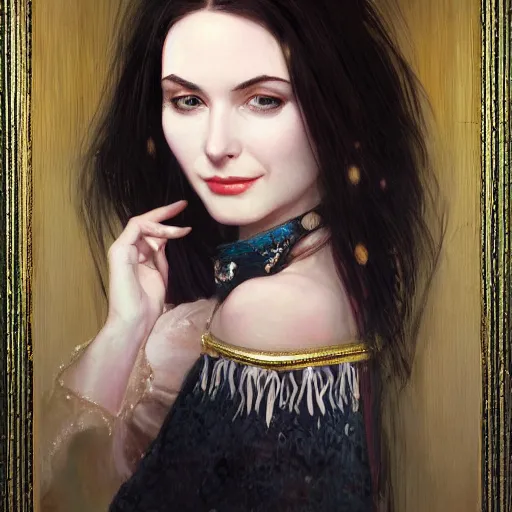 Prompt: portrait of a smiling, beautiful, pale skin eastern european female with long black hair, dark brown eyes, elegant clothing, photorealistic, highly detailed, artstation, smooth, sharp focus, gold ornaments, neon lighting, sci - fi, art by gustav klimt, artgerm, greg rutkowski and alphonse mucha