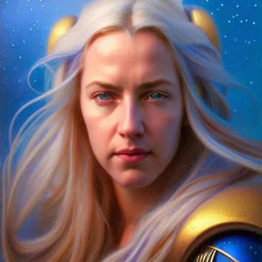 Prompt: ( ( ( ( ( hyperrealist distant portrait of jaina proudmoore on a blue planet where it rains colors. ) ) ) ) ) by donato giancola, fantasy, photorealistic, octane render, unreal engine, dynamic lighting, trending on artstation, poster, volumetric lighting, very detailed faces, 4 k, award winning