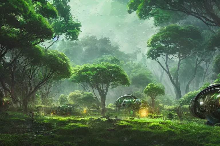 Image similar to green themed mechanical forest landscape, meteor shower, epic, miyazaki style, cinematic, indie, highly detailed, featured on artstation, highly detailed, abstract