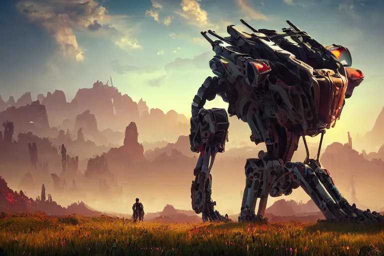 Image similar to longleg machine mecanical creature robot of horizon forbidden west horizon zero dawn radiating a glowing aura global illumination ray tracing hdr fanart arstation by ian pesty and alena aenami artworks in 4 k