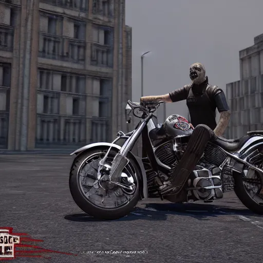 Image similar to brutalism biker on his harley-davidson in Tim burton Style, ultra detailed, ultra realistic, photography, unreal engine 5, atmospheric light, mute color, 8K, dof