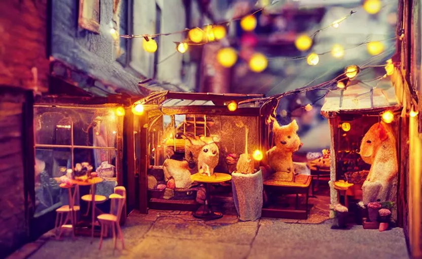 Image similar to mini cafe diorama macro photography, alleyway, cafe for felted animals, ambient, colorful paper lanterns, atmospheric photograph, string lights, romantic