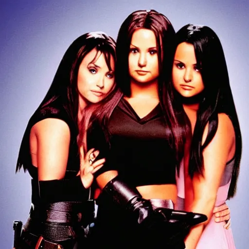 Prompt: Demi Lovato as Piper Halliwell and Selena Gomez as Phoebe Halliwell and Ariana Grande as Prue Halliwell in a Charmed movie directed by Christopher Nolan, movie still frame, promotional image, imax 35 mm footage